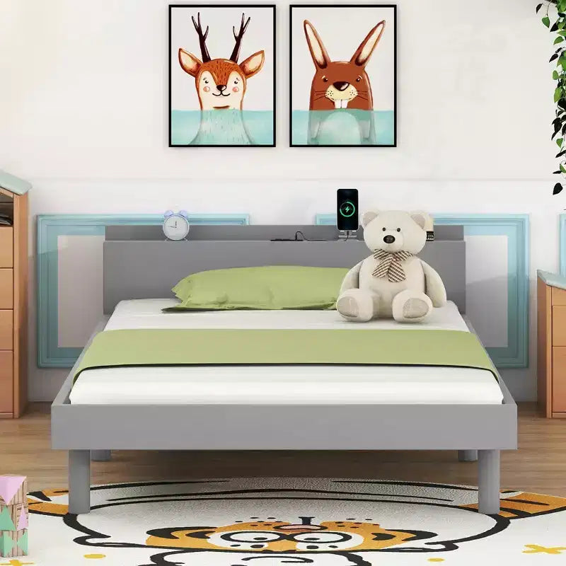Lit jumeau plateforme pour enfant avec port de chargement USB et rangement dans la tête de lit, pas besoin de sommier tapissier, blanc/gris