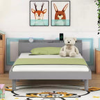 Lit jumeau plateforme pour enfant avec port de chargement USB et rangement dans la tête de lit, pas besoin de sommier tapissier, blanc/gris