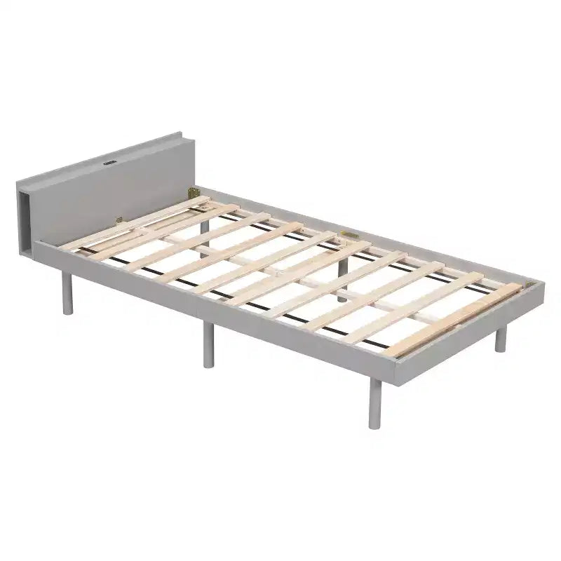 Lit jumeau plateforme pour enfant avec port de chargement USB et rangement dans la tête de lit, pas besoin de sommier tapissier, blanc/gris