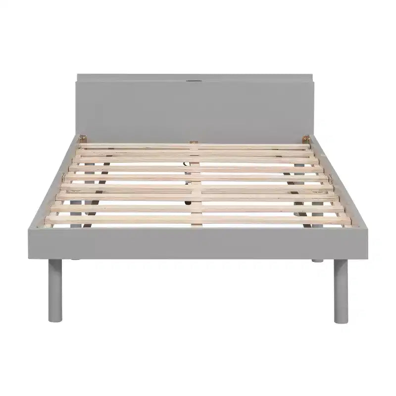 Lit jumeau plateforme pour enfant avec port de chargement USB et rangement dans la tête de lit, pas besoin de sommier tapissier, blanc/gris