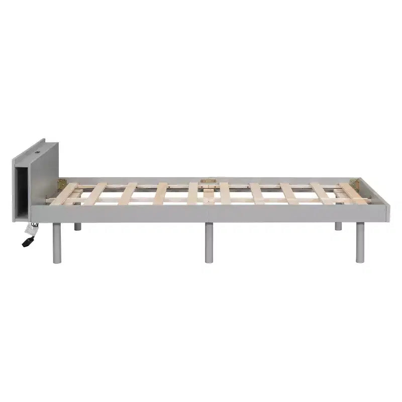 Lit jumeau plateforme pour enfant avec port de chargement USB et rangement dans la tête de lit, pas besoin de sommier tapissier, blanc/gris