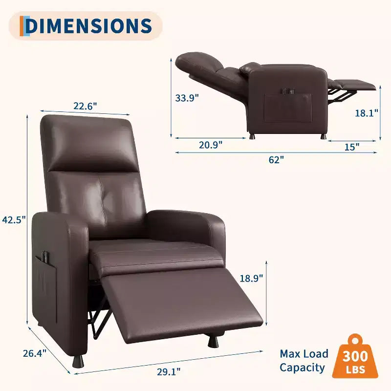 Fauteuil inclinable électrique avec chauffage et massage, canapé simple en cuir PU avec siège rembourré et 2 poches latérales, fauteuil inclinable électrique réglable pour salon