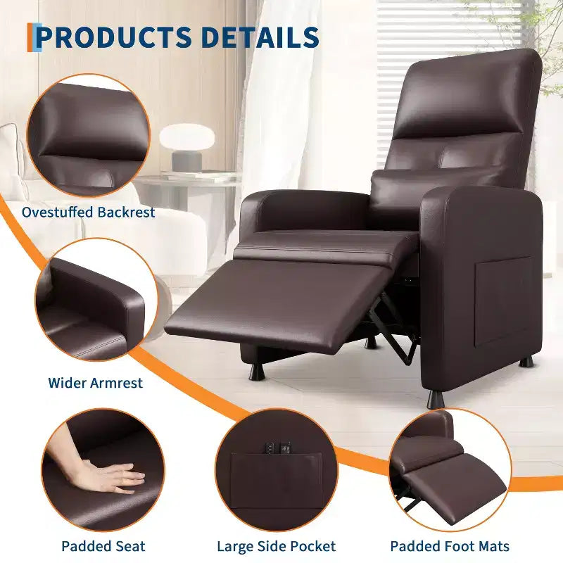 Fauteuil inclinable électrique avec chauffage et massage, canapé simple en cuir PU avec siège rembourré et 2 poches latérales, fauteuil inclinable électrique réglable pour salon
