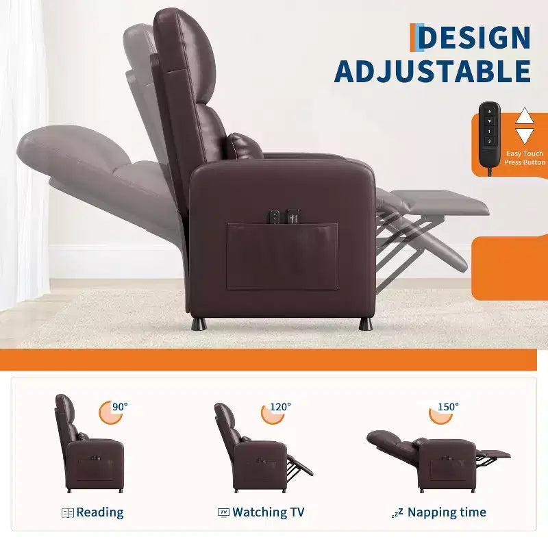 Fauteuil inclinable électrique avec chauffage et massage, canapé simple en cuir PU avec siège rembourré et 2 poches latérales, fauteuil inclinable électrique réglable pour salon