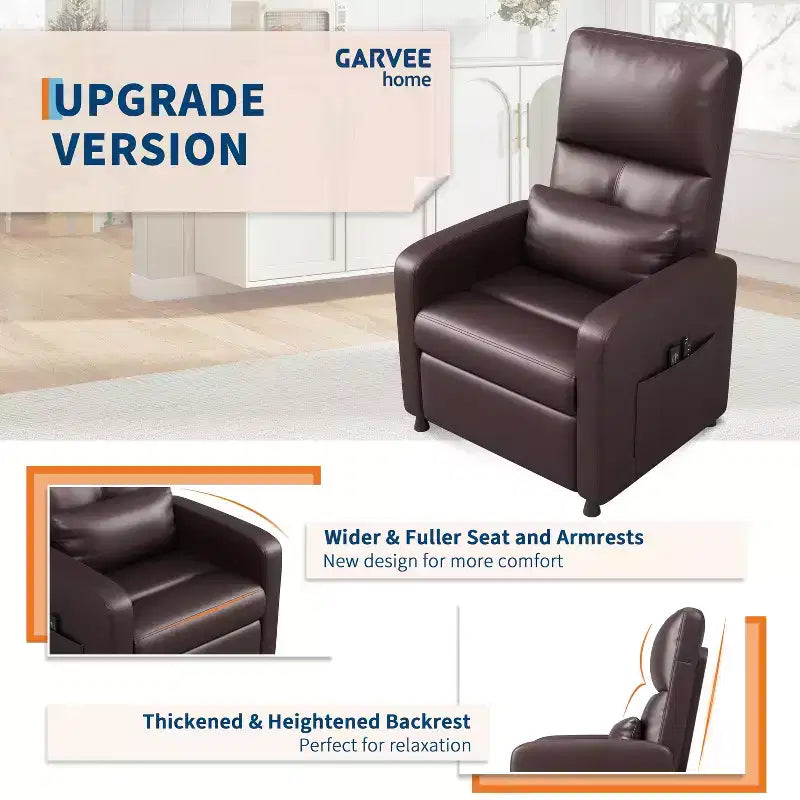 Fauteuil inclinable électrique avec chauffage et massage, canapé simple en cuir PU avec siège rembourré et 2 poches latérales, fauteuil inclinable électrique réglable pour salon