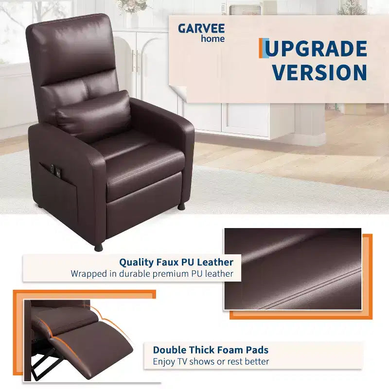 Fauteuil inclinable électrique avec chauffage et massage, canapé simple en cuir PU avec siège rembourré et 2 poches latérales, fauteuil inclinable électrique réglable pour salon