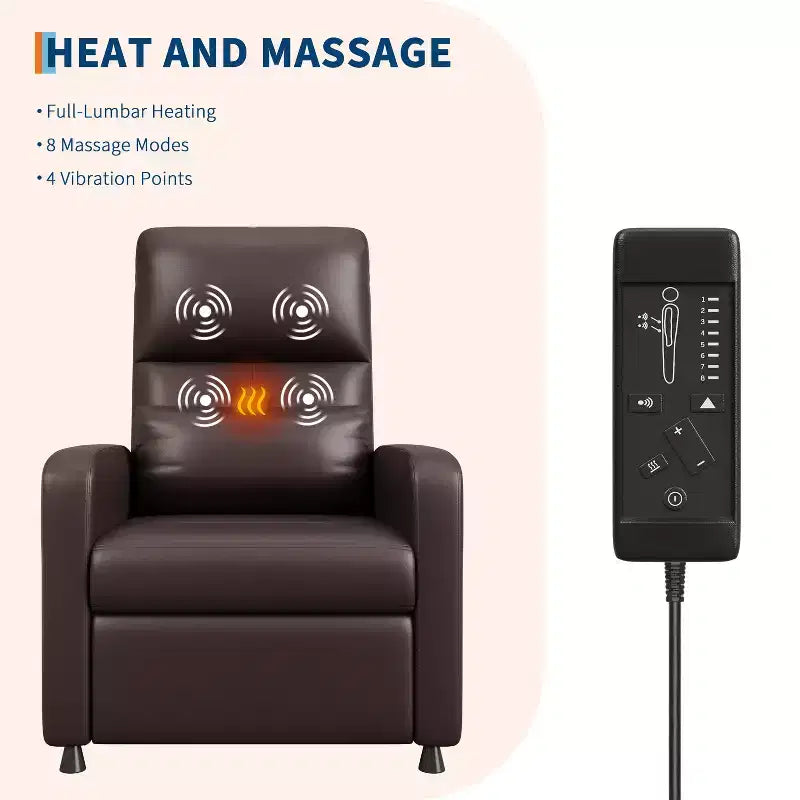 Fauteuil inclinable électrique avec chauffage et massage, canapé simple en cuir PU avec siège rembourré et 2 poches latérales, fauteuil inclinable électrique réglable pour salon