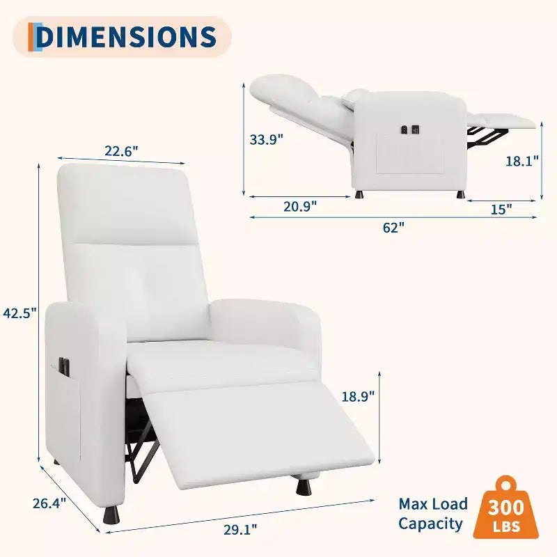 Fauteuil inclinable électrique avec chauffage et massage, canapé simple en cuir PU avec siège rembourré et 2 poches latérales, fauteuil inclinable électrique réglable pour salon