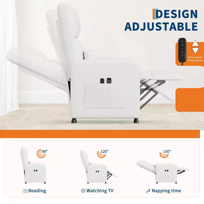 Fauteuil inclinable électrique avec chauffage et massage, canapé simple en cuir PU avec siège rembourré et 2 poches latérales, fauteuil inclinable électrique réglable pour salon