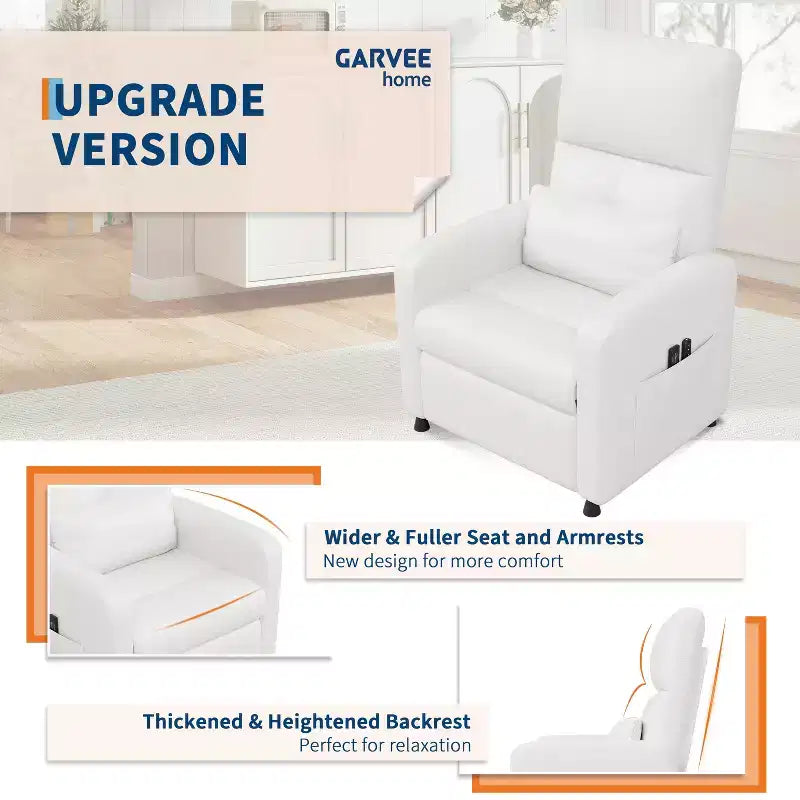 Fauteuil inclinable électrique avec chauffage et massage, canapé simple en cuir PU avec siège rembourré et 2 poches latérales, fauteuil inclinable électrique réglable pour salon
