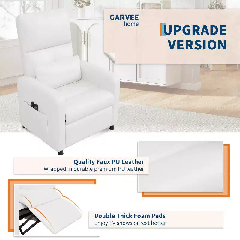 Fauteuil inclinable électrique avec chauffage et massage, canapé simple en cuir PU avec siège rembourré et 2 poches latérales, fauteuil inclinable électrique réglable pour salon