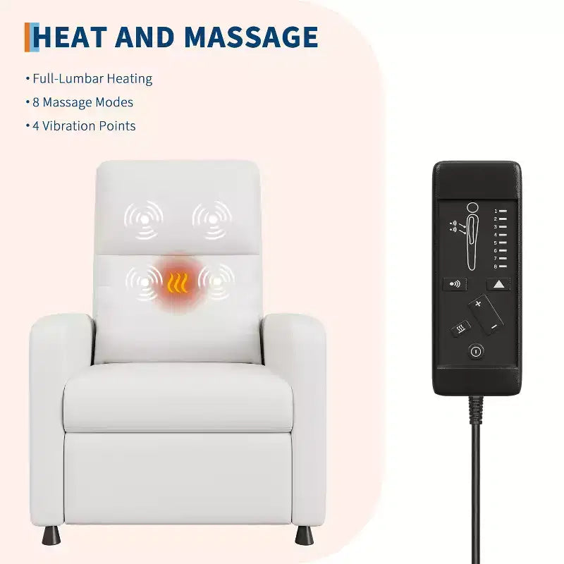 Fauteuil inclinable électrique avec chauffage et massage, canapé simple en cuir PU avec siège rembourré et 2 poches latérales, fauteuil inclinable électrique réglable pour salon