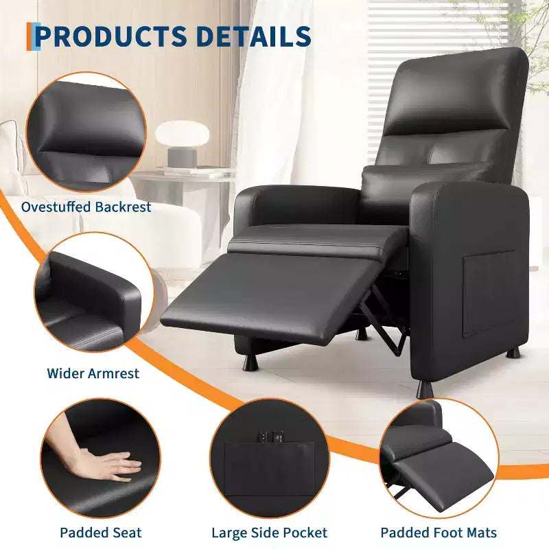 Fauteuil inclinable électrique avec chauffage et massage, canapé simple en cuir PU avec siège rembourré et 2 poches latérales, fauteuil inclinable électrique réglable pour salon