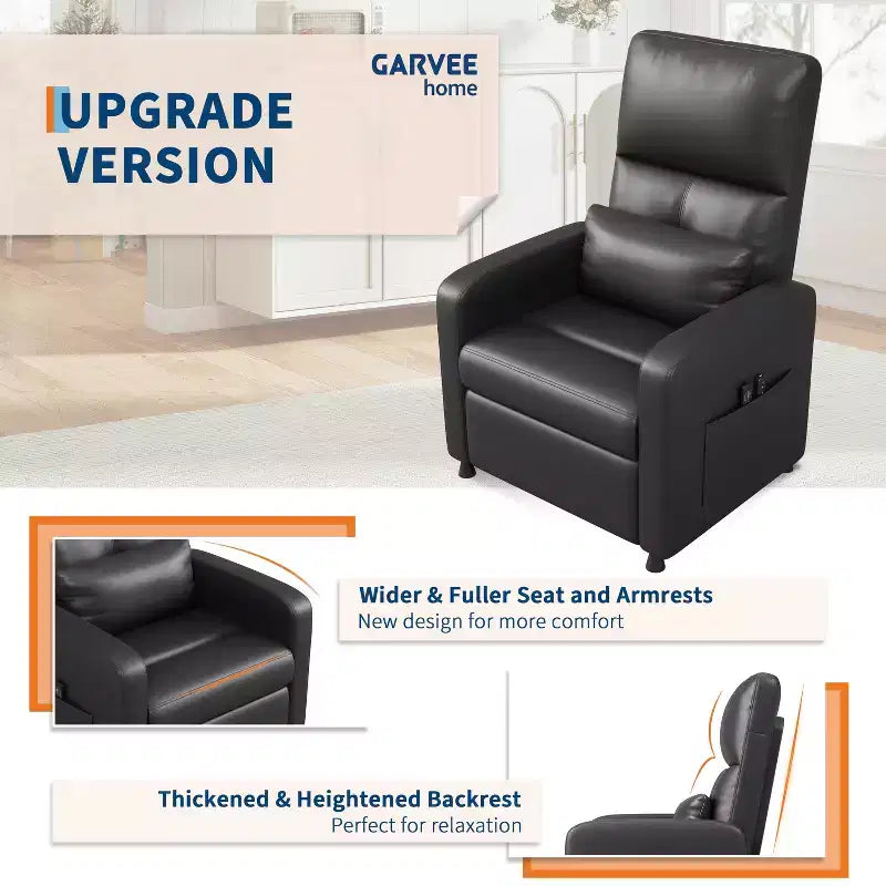 Fauteuil inclinable électrique avec chauffage et massage, canapé simple en cuir PU avec siège rembourré et 2 poches latérales, fauteuil inclinable électrique réglable pour salon