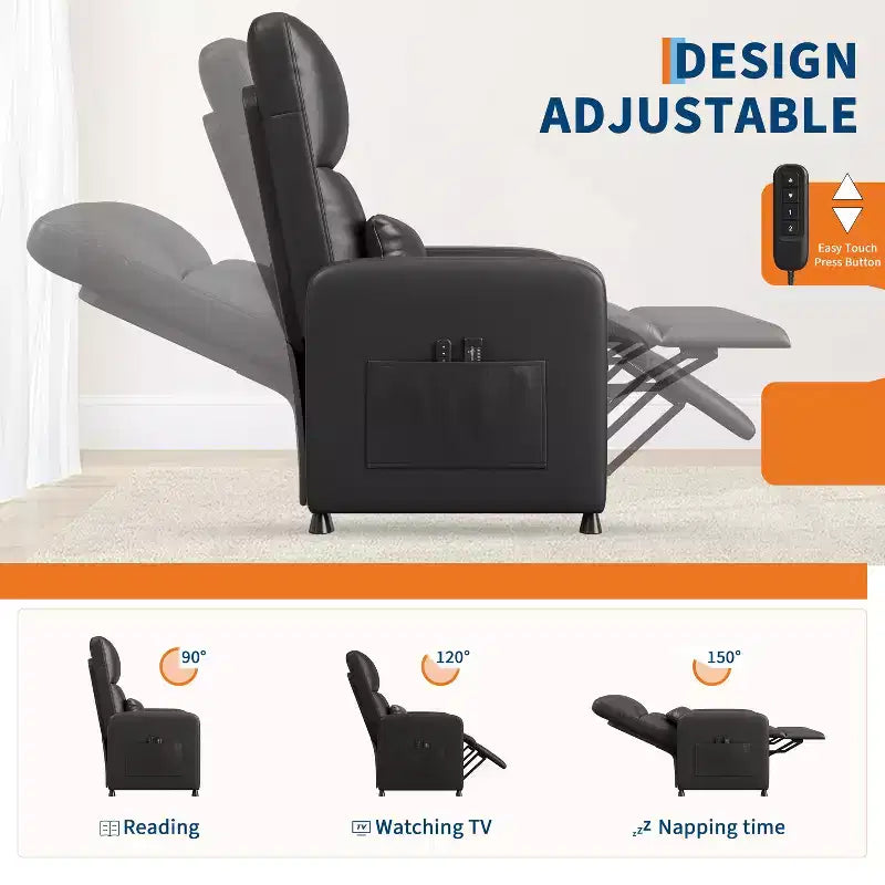 Fauteuil inclinable électrique avec chauffage et massage, canapé simple en cuir PU avec siège rembourré et 2 poches latérales, fauteuil inclinable électrique réglable pour salon