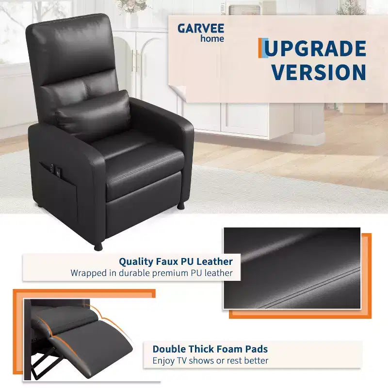 Fauteuil inclinable électrique avec chauffage et massage, canapé simple en cuir PU avec siège rembourré et 2 poches latérales, fauteuil inclinable électrique réglable pour salon