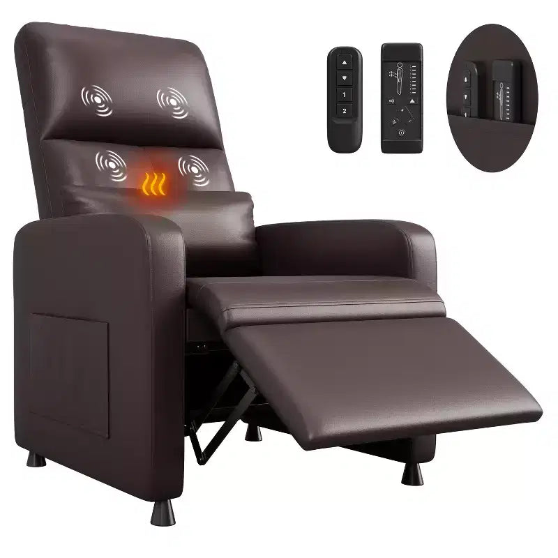 Fauteuil inclinable électrique avec chauffage et massage, canapé simple en cuir PU avec siège rembourré et 2 poches latérales, fauteuil inclinable électrique réglable pour salon