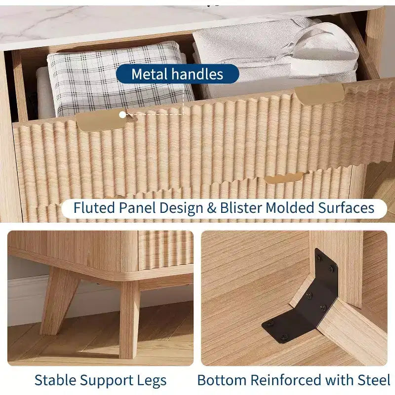 Table de chevet moderne 3 tiroirs encastrés de 81 cm de large avec poignées dorées et grands tiroirs, table de chevet en bois au profil incurvé pour chambre à coucher, salon