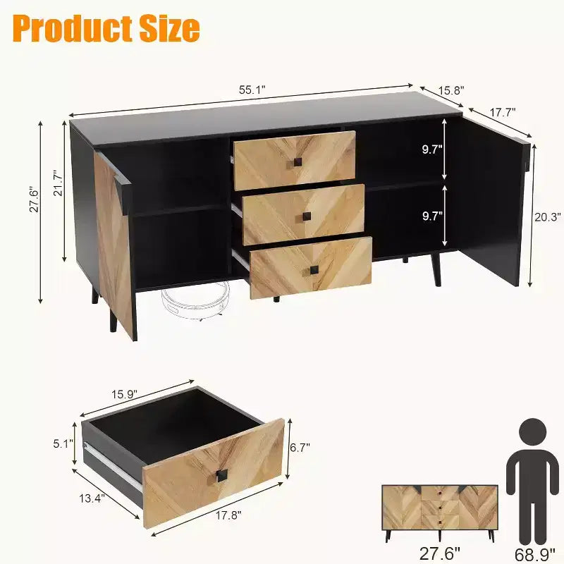 Meuble de rangement décoratif autoportant moderne avec tiroirs et portes, buffet en bois avec espace de rangement pour la salle à manger et l'entrée, 55,1