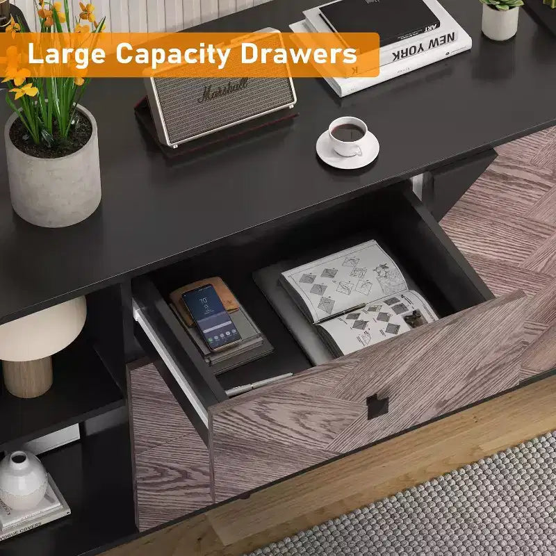 Meuble de rangement décoratif autoportant moderne avec tiroirs et portes, buffet en bois avec espace de rangement pour la salle à manger et l'entrée, 55,1