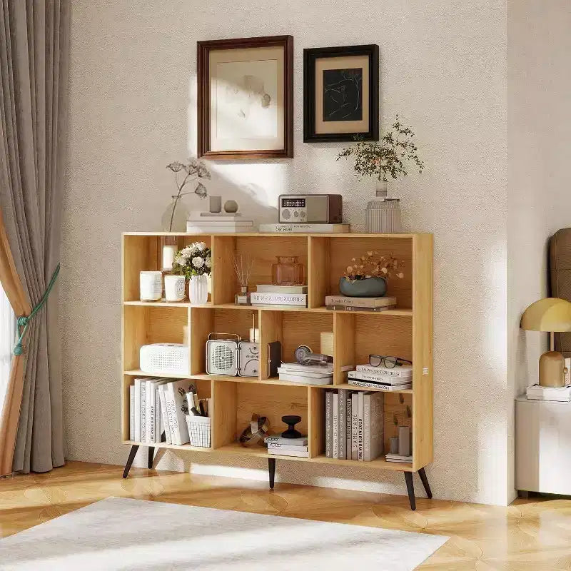 Bibliothèque ouverte en bois à 3 niveaux et 10 casiers, étagère de rangement autoportante avec 5 pieds en fer pour bureau, salon, chambre à coucher