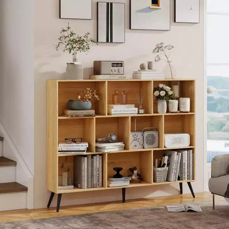 Bibliothèque ouverte en bois à 3 niveaux et 10 casiers, étagère de rangement autoportante avec 5 pieds en fer pour bureau, salon, chambre à coucher