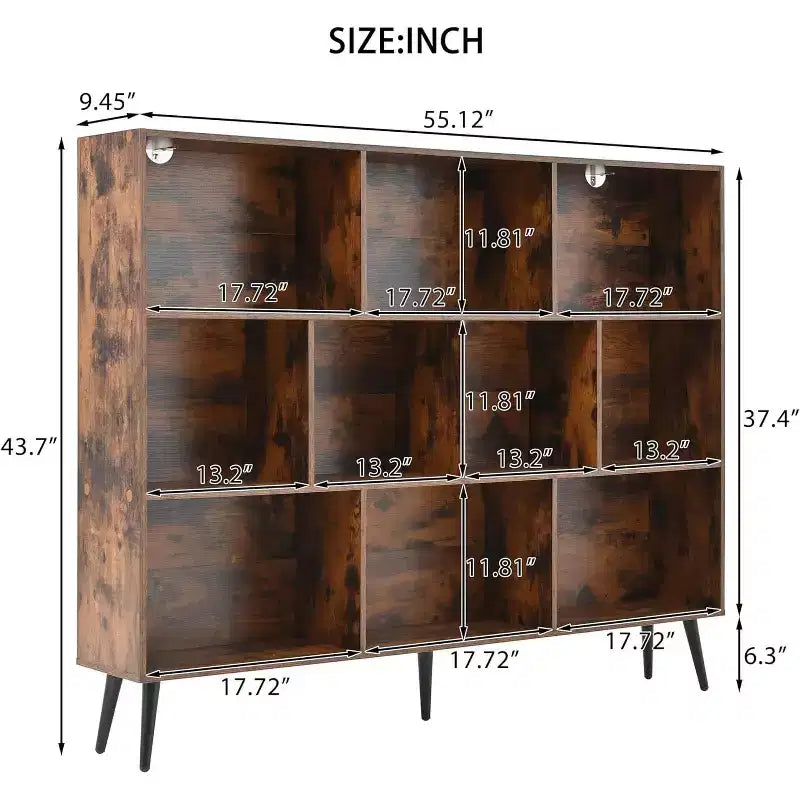 Bibliothèque ouverte en bois à 3 niveaux et 10 casiers, étagère de rangement autoportante avec 5 pieds en fer pour bureau, salon, chambre à coucher