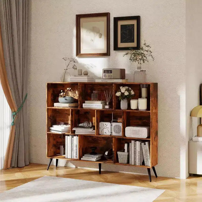 Bibliothèque ouverte en bois à 3 niveaux et 10 casiers, étagère de rangement autoportante avec 5 pieds en fer pour bureau, salon, chambre à coucher