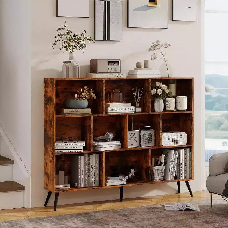 Bibliothèque ouverte en bois à 3 niveaux et 10 casiers, étagère de rangement autoportante avec 5 pieds en fer pour bureau, salon, chambre à coucher