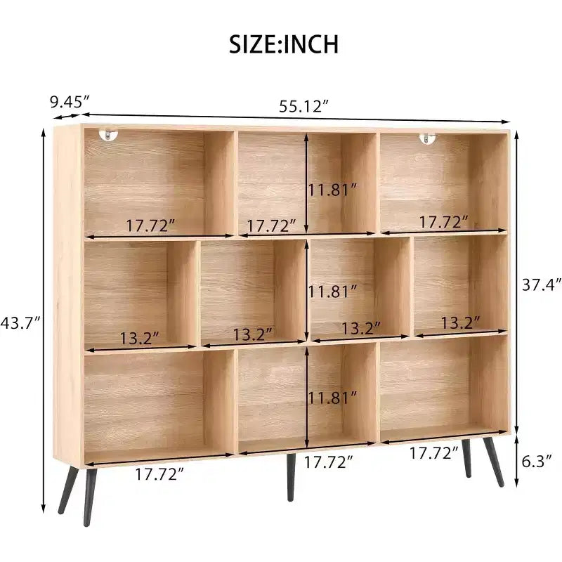Bibliothèque ouverte en bois à 3 niveaux et 10 casiers, étagère de rangement autoportante avec 5 pieds en fer pour bureau, salon, chambre à coucher