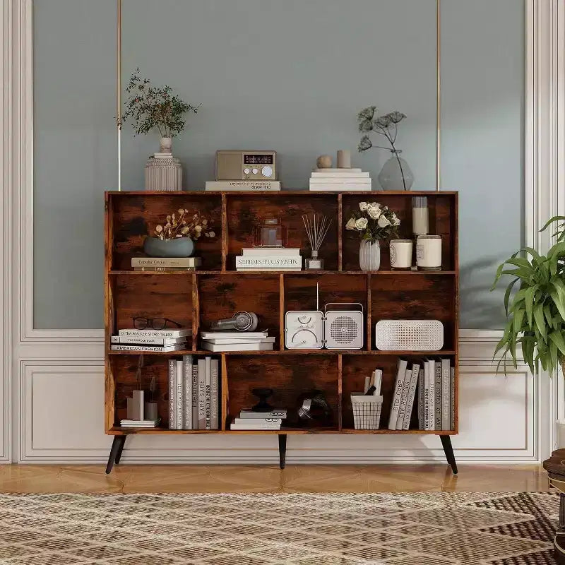 Wooden 10-Cube 3-Tier Open Shelf Bookcase Freestanding Book Shelf Storage Organizer with 5 Iron Legs for Home Office Living Room Bedroom