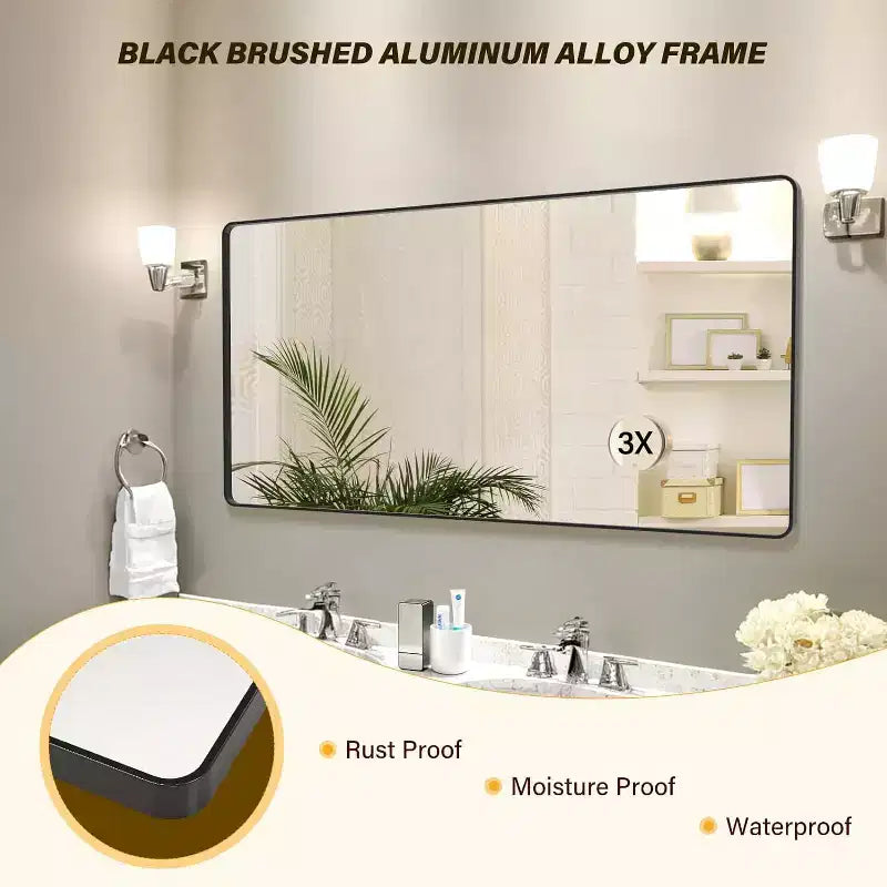 Miroir de salle de bain 72 * 36 avec cadre en métal noir pour meuble-lavabo, miroir mural rectangulaire arrondi, décoration intérieure