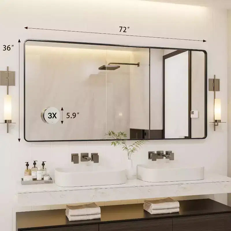 Miroir de salle de bain 72 * 36 avec cadre en métal noir pour meuble-lavabo, miroir mural rectangulaire arrondi, décoration intérieure