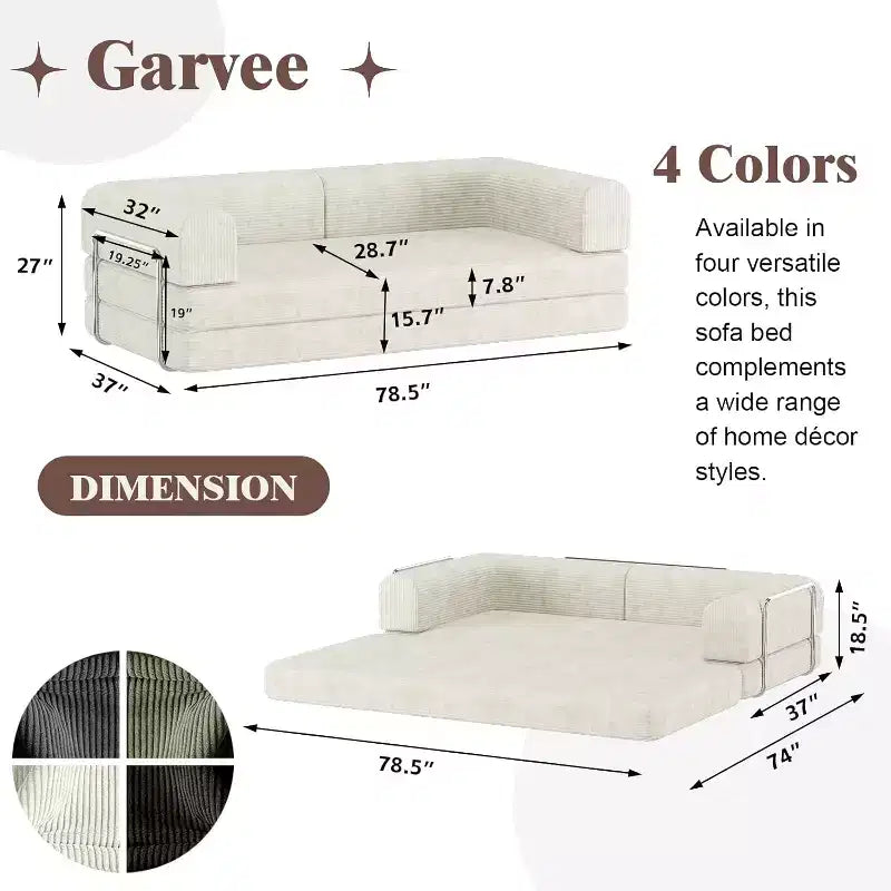 Canapé convertible en velours côtelé de 78", canapé-lit pliant 3 places, matelas de sol King Size pour salon