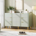 Commode moderne à 6 tiroirs avec poignées dorées, double commode spacieuse en bois pour chambre à coucher, salon, couloir et entrée, verte