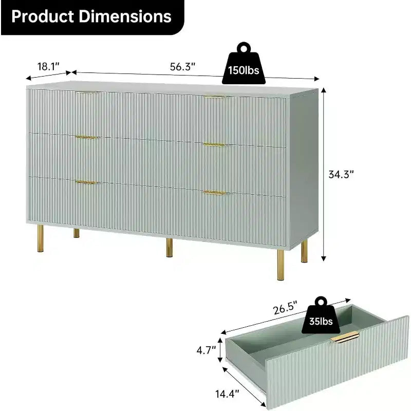 Commode moderne à 6 tiroirs avec poignées dorées, double commode spacieuse en bois pour chambre à coucher, salon, couloir et entrée, verte