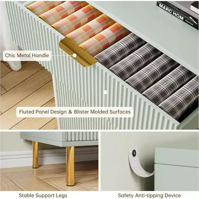 Commode moderne à 6 tiroirs avec poignées dorées, double commode spacieuse en bois pour chambre à coucher, salon, couloir et entrée, verte