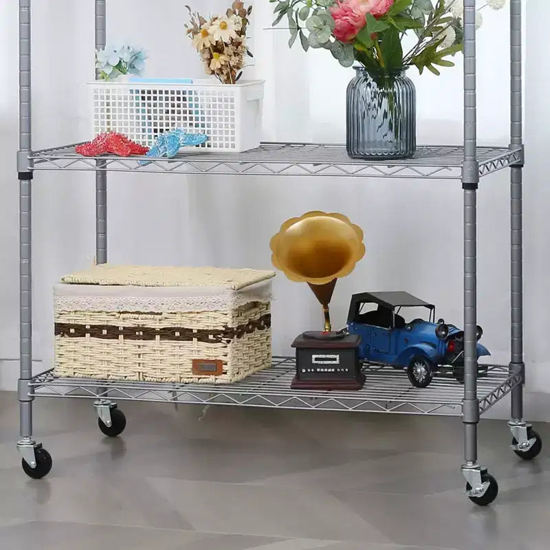 Étagère métallique à 5 niveaux avec roulettes verrouillables et crochets latéraux, capacité de 408 kg, réglable, acier chromé