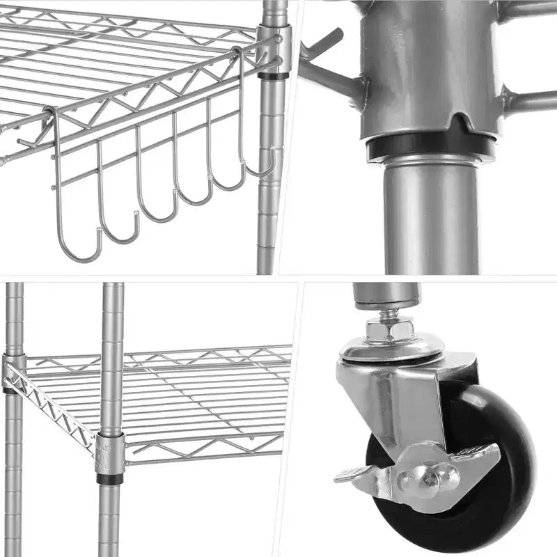 Étagère métallique à 5 niveaux avec roulettes verrouillables et crochets latéraux, capacité de 408 kg, réglable, acier chromé