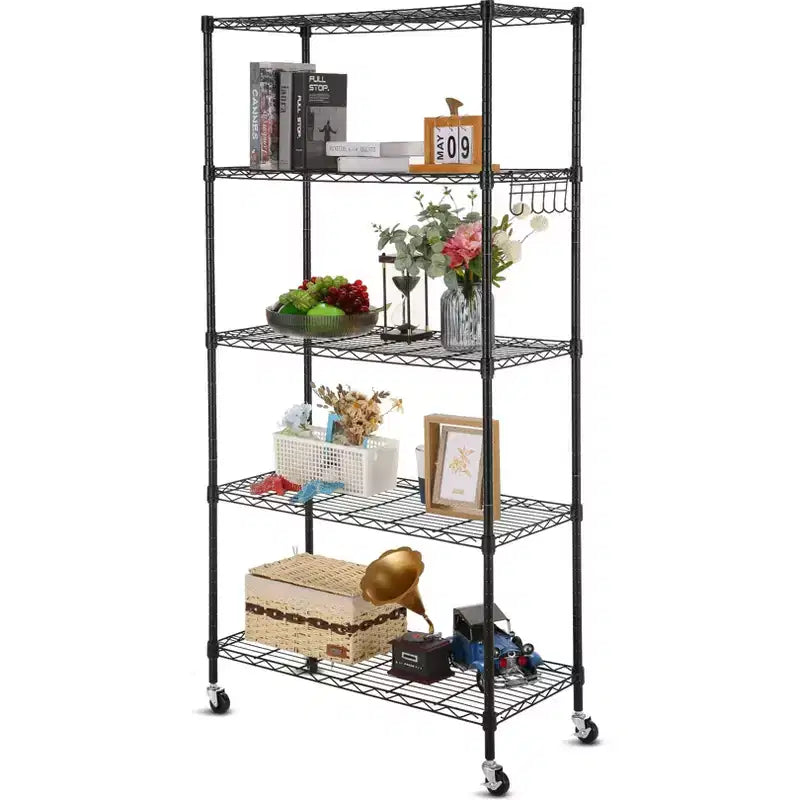 Homdox 5 Tier Utility Storage Shelves with Wheels, Metal Heavy Duty Wire Shelving Unit, Adjustable Storage Racks with Side Hooks for Bathroom Kitchen