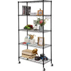 Homdox 5 Tier Utility Storage Shelves with Wheels, Metal Heavy Duty Wire Shelving Unit, Adjustable Storage Racks with Side Hooks for Bathroom Kitchen