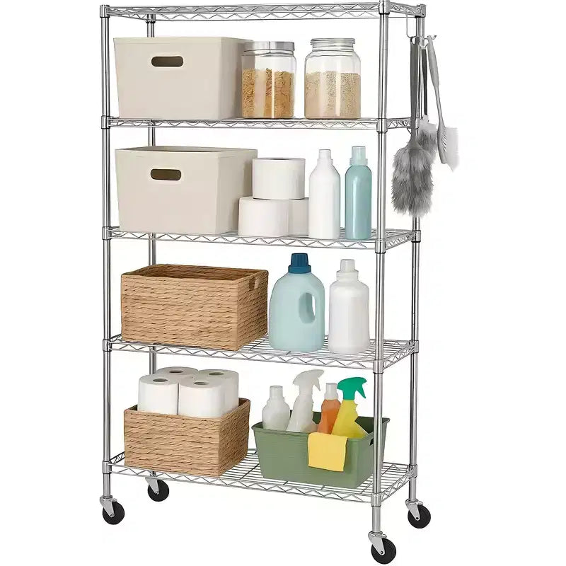 Étagère métallique à 5 niveaux avec roulettes verrouillables et crochets latéraux, capacité de 408 kg, réglable, acier chromé