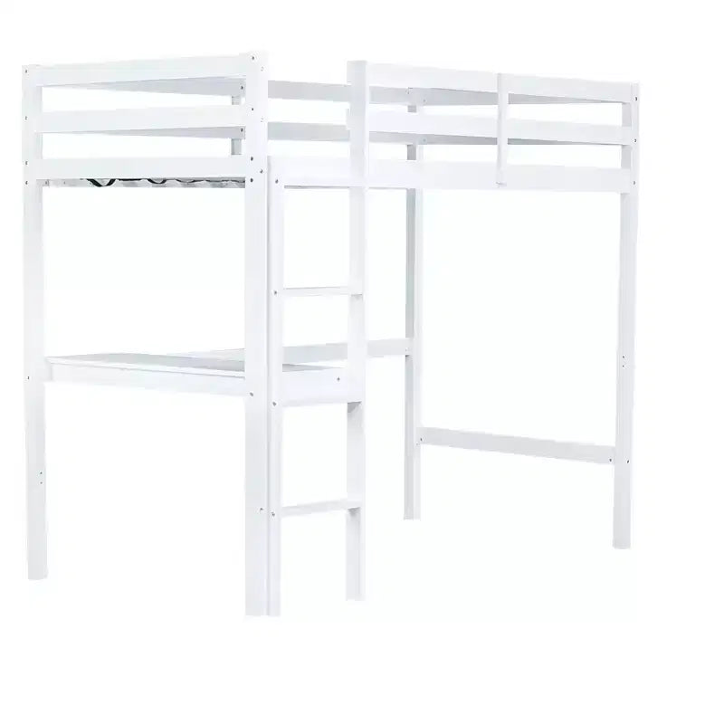 Lit mezzanine en bois double avec bureau intégré, balustrade et échelle, blanc, 10 ans et plus, capacité de 90 kg