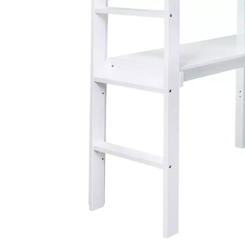 Lit mezzanine en bois double avec bureau intégré, balustrade et échelle, blanc, 10 ans et plus, capacité de 90 kg