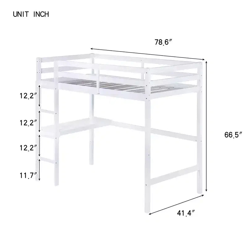 Lit mezzanine en bois double avec bureau intégré, balustrade et échelle, blanc, 10 ans et plus, capacité de 90 kg