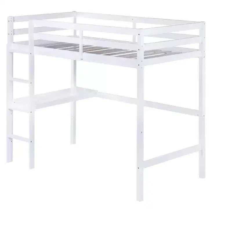 Lit mezzanine en bois double avec bureau intégré, balustrade et échelle, blanc, 10 ans et plus, capacité de 90 kg