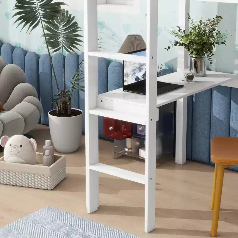 Lit mezzanine en bois double avec bureau intégré, balustrade et échelle, blanc, 10 ans et plus, capacité de 90 kg