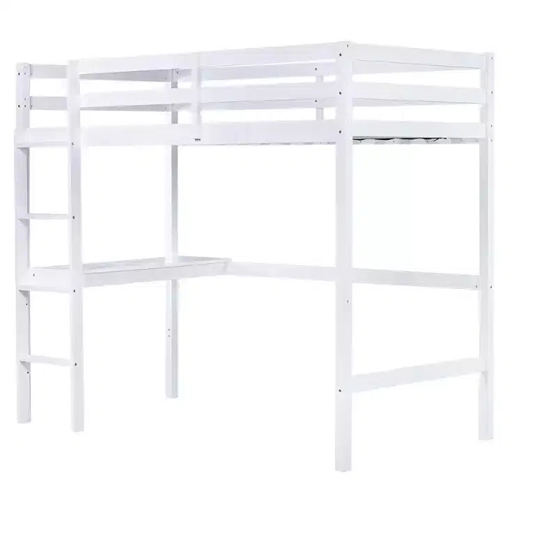 Lit mezzanine en bois double avec bureau intégré, balustrade et échelle, blanc, 10 ans et plus, capacité de 90 kg
