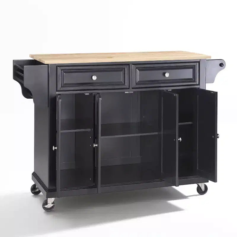 Chariot de cuisine mobile pleine grandeur avec comptoir en bois, 3 armoires, 2 tiroirs et porte-épices, noir