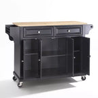 Chariot de cuisine mobile pleine grandeur avec comptoir en bois, 3 armoires, 2 tiroirs et porte-épices, noir